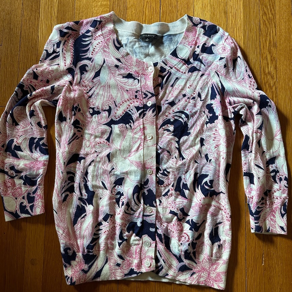 Talbots Beaded Botanical Cardigan, Size Small